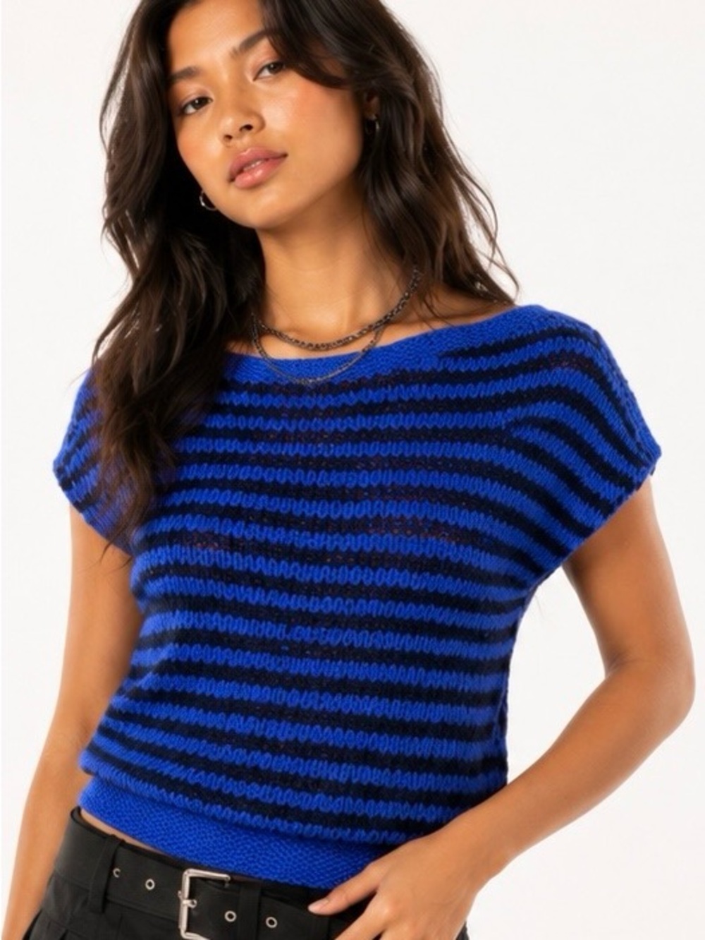 Hand Knit Mohair Artisan Sweater Jet Blue Black Stripe Soft Pullover Oversized